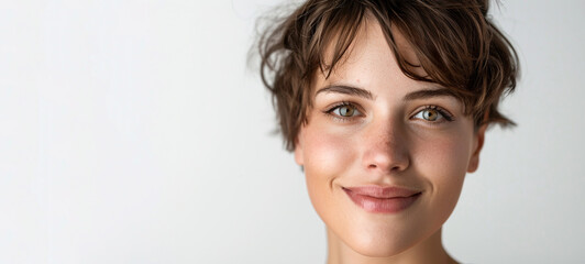 Obraz premium young happy woman, short brown hair, Skin care beauty, skincare cosmetics, white background, copy space