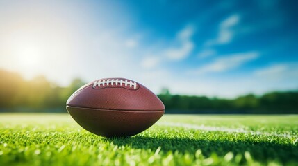 Obraz premium American football on grass field, ready for play, selective focus, theme of athleticism, vibrant, Fusion, backdrop of green field