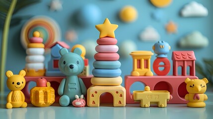 A playful and colorful children's toy gift mockup on a solid background