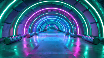 Future Sci Fi Circle Concrete Grunge Neon Lights Glowing Purple Blue Laser Fluorescent Dark Empty...