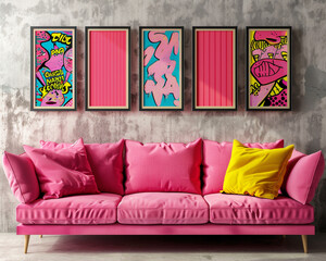 Modern urban apartment with a hot pink sofa and five horizontal poster frames, each featuring vibrant pop art, on a neutral grey wall.