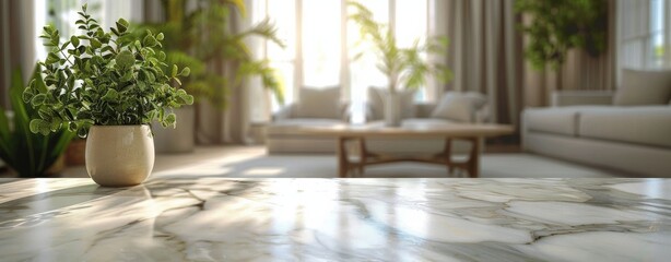 Fototapeta premium Stylish Living Room With Potted Plant on Marble Table