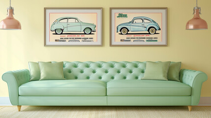 Retro-inspired living room with a mint green sofa and two horizontal poster frames featuring vintage car ads, on a pastel yellow wall.