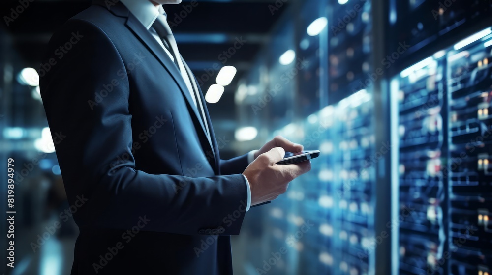 Wall mural Businessman holding a remote control in a tech environment, close up, corporate technology, dynamic, Composite, server room backdrop