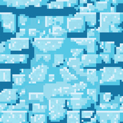 Vector snow, ice and water pixel blocks background pattern. Retro console game level cubic pixel texture. Computer 8 bit 80s arcade