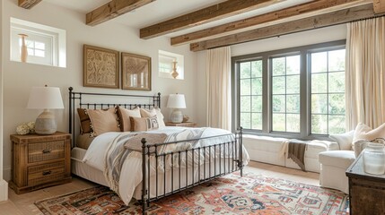 a rustic bedroom featuring wooden beams, a wrought iron bed, and warm, earthy tones, creating a relaxing and inviting atmosphere