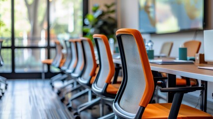 Image of a professional meeting room with ergonomic chairs, adjustable desks, and integrated technology, prioritizing comfort and functionality for long sessions and workshops