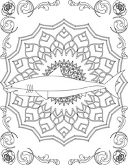 Obraz premium Shark on Mandala Coloring Page. Printable Coloring Worksheet for Adults and Kids. Educational Resources for School and Preschool. Mandala Coloring for Adults