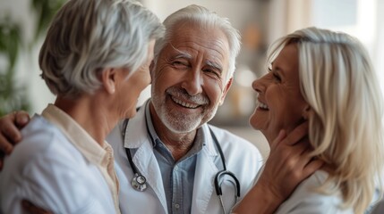Image of an elderly couple receiving a positive diagnosis from their doctor, their faces beaming with relief and joy