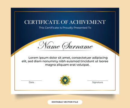 Elegant certificate of achievement with blue and golden badge.  calligraphy Award and Achievement credentials designed for appreciation and honor Certificate document of achievement vectorElegant cert