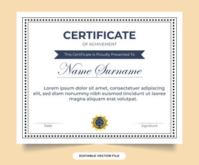 Vintage achievement certificate template vector. Simple vintage style certificate decoration and frame design for educational diploma. Modern certificate template in flat style.
