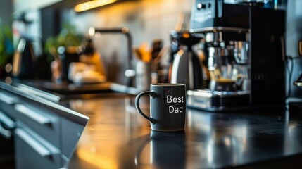 Best Dad coffee mug on office desk with a sleek laptop and smartphone. Father's Day or birthday gift