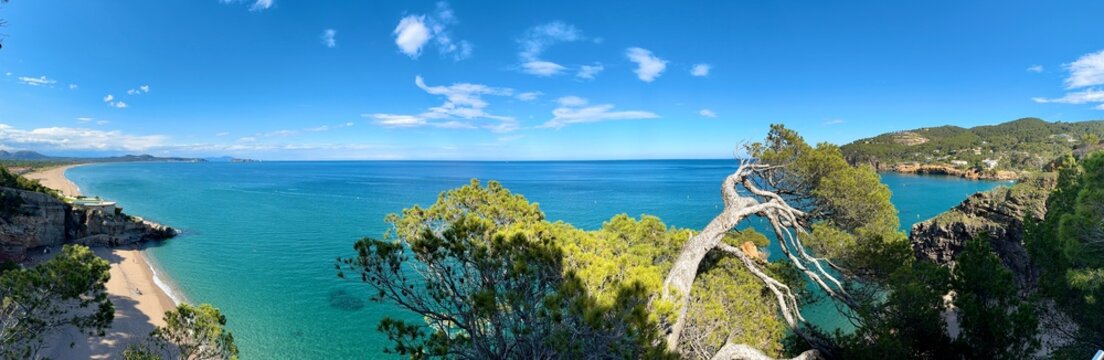 panoramic view from the famous Cam&iacute; de Ronda hike trail towards the Mediterranean Sea along the coast of the Costa Brava between Pals and Sa Riera, Begur, Catalonia, Girona, Spain 