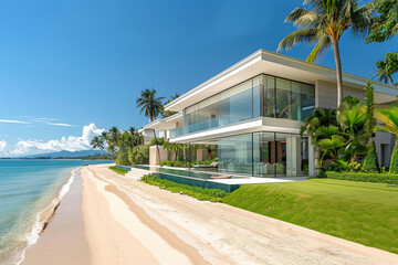 A sleek, contemporary grand house with large glass windows, located right on a sandy beach. The house has a lush, green lawn with palm trees and a minimalist, stylish garage. The scene is vibrant with
