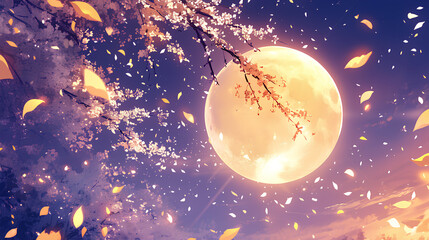 the moon was bright at night and the cherry trees were falling in the wind