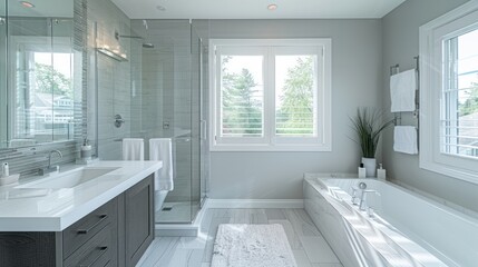 a modern bathroom with sleek, minimalist design, featuring a glass shower, floating vanity, and clean lines