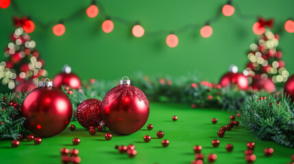 Christmas balls and garland on green screen background