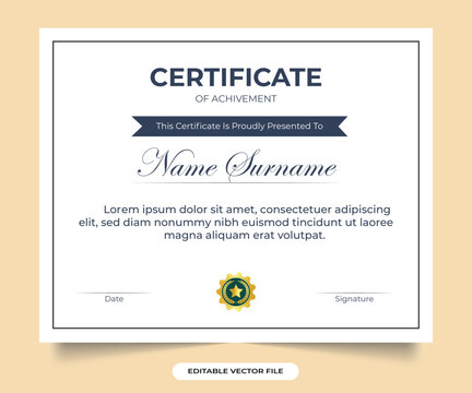 Vintage achievement certificate template vector. Simple vintage style certificate decoration and frame design for educational diploma. Modern certificate template in flat style.