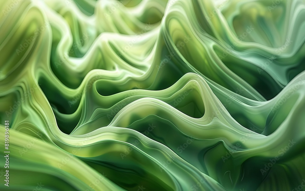 Poster Abstract green waveforms, fluid and smooth textures, representing movement and organic shapes in a calming green palette.