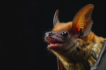 Mystic portrait of Long-Tailed Bats studio, copy space on right side, Anger, Menacing, Headshot, Close-up View Isolated on black background