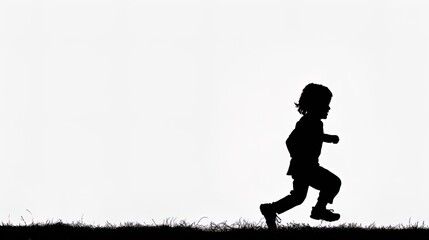 a silhouettes of a kid is running, white background