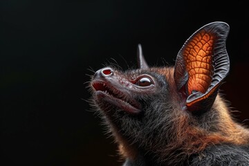 Fototapeta premium Mystic portrait of Natal Bats studio, copy space on right side, Anger, Menacing, Headshot, Close-up View Isolated on black background