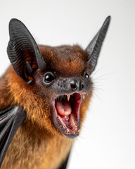 Fototapeta premium Mystic portrait of Long-Tailed Bats, copy space on right side Isolated on white background