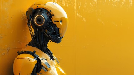 A robot with a yellow face and black eyes against the wall, AI