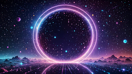 Obraz premium Magic fantasy background. futuristic circle. light effect. Blue, purple, neon lights illuminate the night scene with sparkles against a starry background.