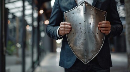 Businessman holding a gleaming shield in an office setting at dusk