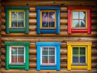 A row of colorful windows with a wooden frame