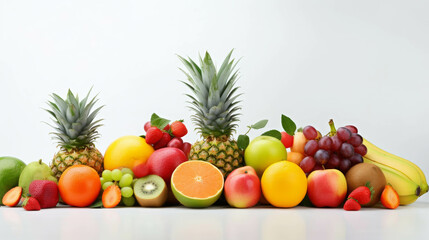 A vibrant assortment of fresh fruits including pineapple, oranges, kiwi, grapes, and strawberries displayed against a white background.