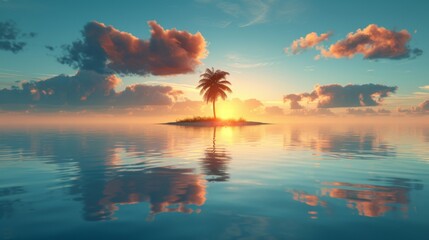 Solitary palm tree on a tiny desert island in the middle of a clear ocean on a sunset