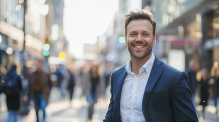 Fototapeta premium A handsome businessman with a winning smile exudes confidence as he moves through the bustling cityscape. 