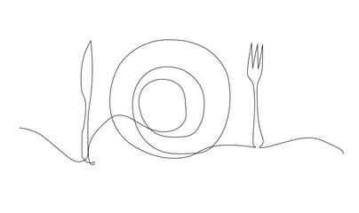 Continuous single one line of cutlery isolated on white background.