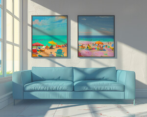 Bright sunroom with a sky blue sofa and two horizontal poster frames displaying vibrant beach scenes, on a sunlit white wall.