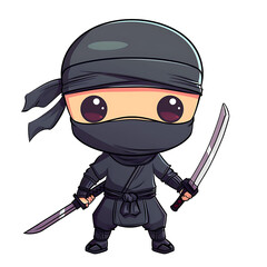 Cartoon Illustration of a Ninja Warrior with Sword on transparent background
