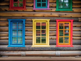 A row of colorful windows on a log cabin
