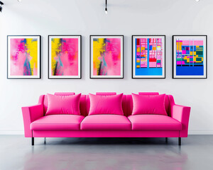 Contemporary art studio with a neon pink sofa and five horizontal poster frames, each showcasing vibrant contemporary art pieces, on a stark white wall.