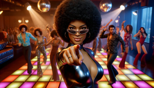Cool and sexy black woman with afro pointing in retro 70s disco dance floor