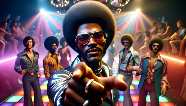 Black man with attitude and afro pointing at camera in colorful 70s disco club

