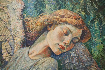 A painting of a woman with wings on her head. Suitable for artistic projects