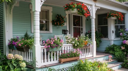 A charming bed and breakfast with a welcoming porch, flower boxes.