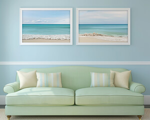 Elegant beach house living room with a seafoam green sofa and two horizontal poster frames, each depicting serene beach and ocean scenes, on a light blue wall.