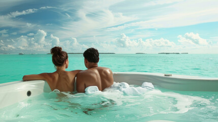 Two individuals relaxing in a hot tub placed in the ocean water