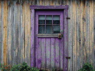A purple door with a window sits in front of a wooden building