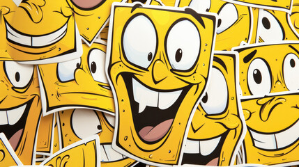A collection of yellow stickers with various facial expressions on them, arranged in a bunch