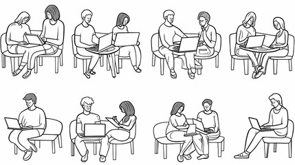 Set of black and white cartoon illustrations for freelancers Adults who have traveled far from isolated 2D cultures. Teleworking monochrome vector image collection