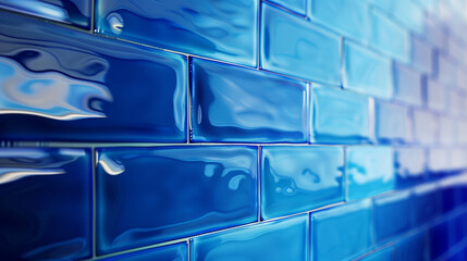 Wall with ceramic tile (brick pattern) in blue color