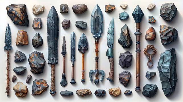 illustration of a stone set of tools and weapons isolated on a white background